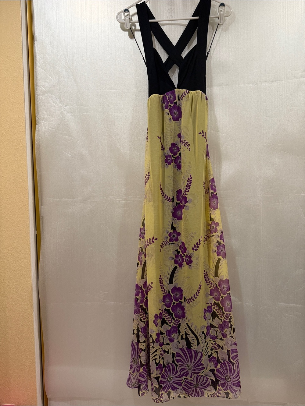 Black & Yellow Floral Maxi Dress with Crisscross Back